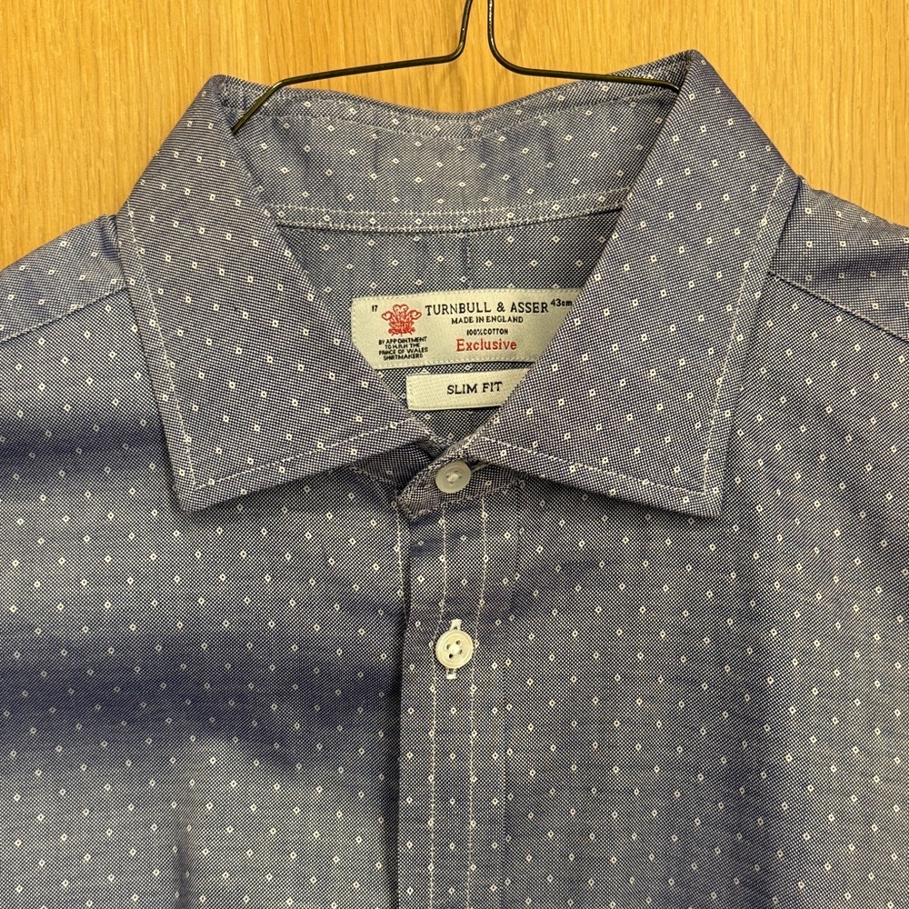 Turnbull & Asser Men's Blue Dot Cotton Long-Sleeve Dress Shirt 43cm